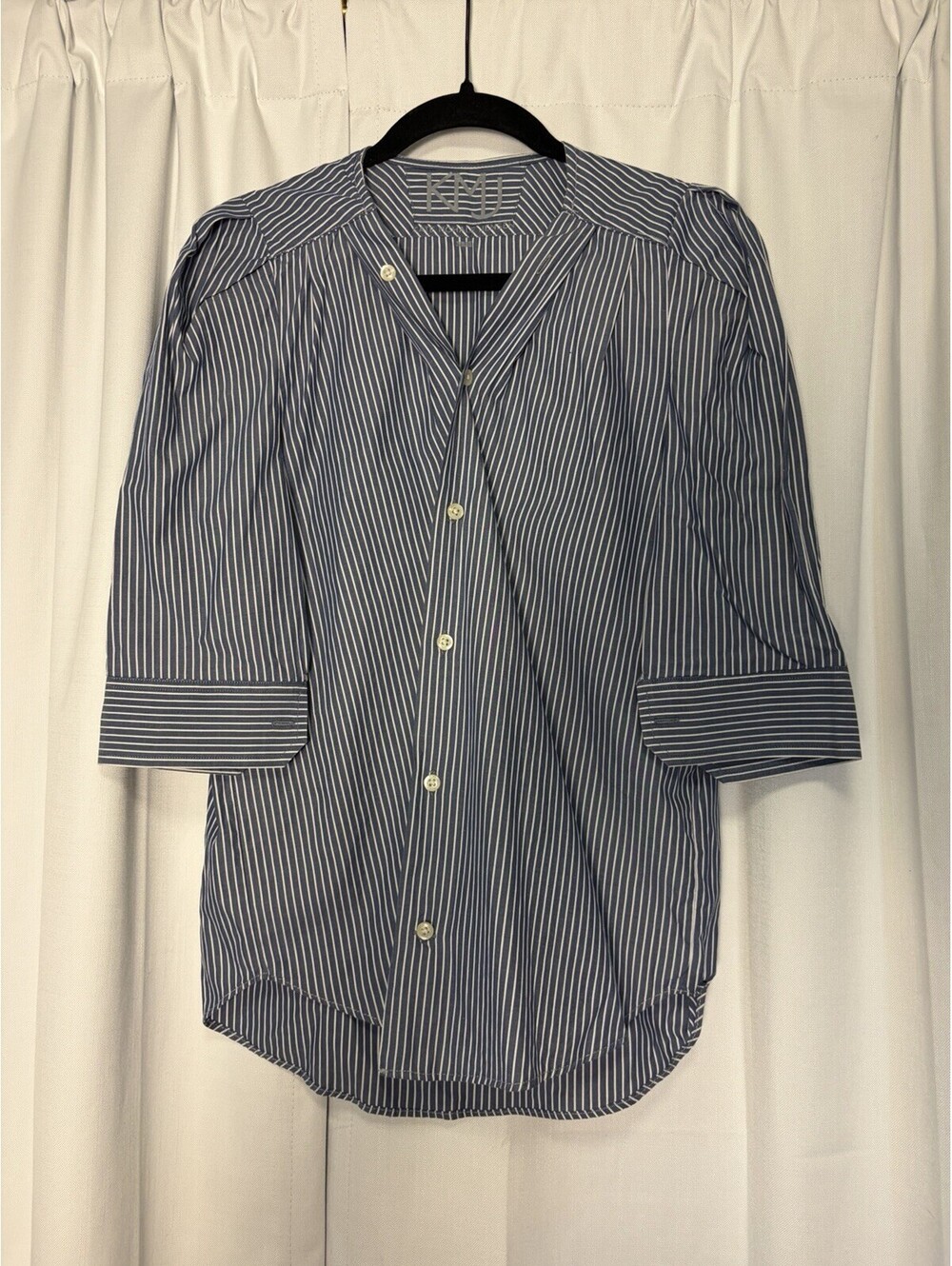 Kate McHale Jensen Blue Pinstripe Puff Sleeve Blouse Size Small Retail $208